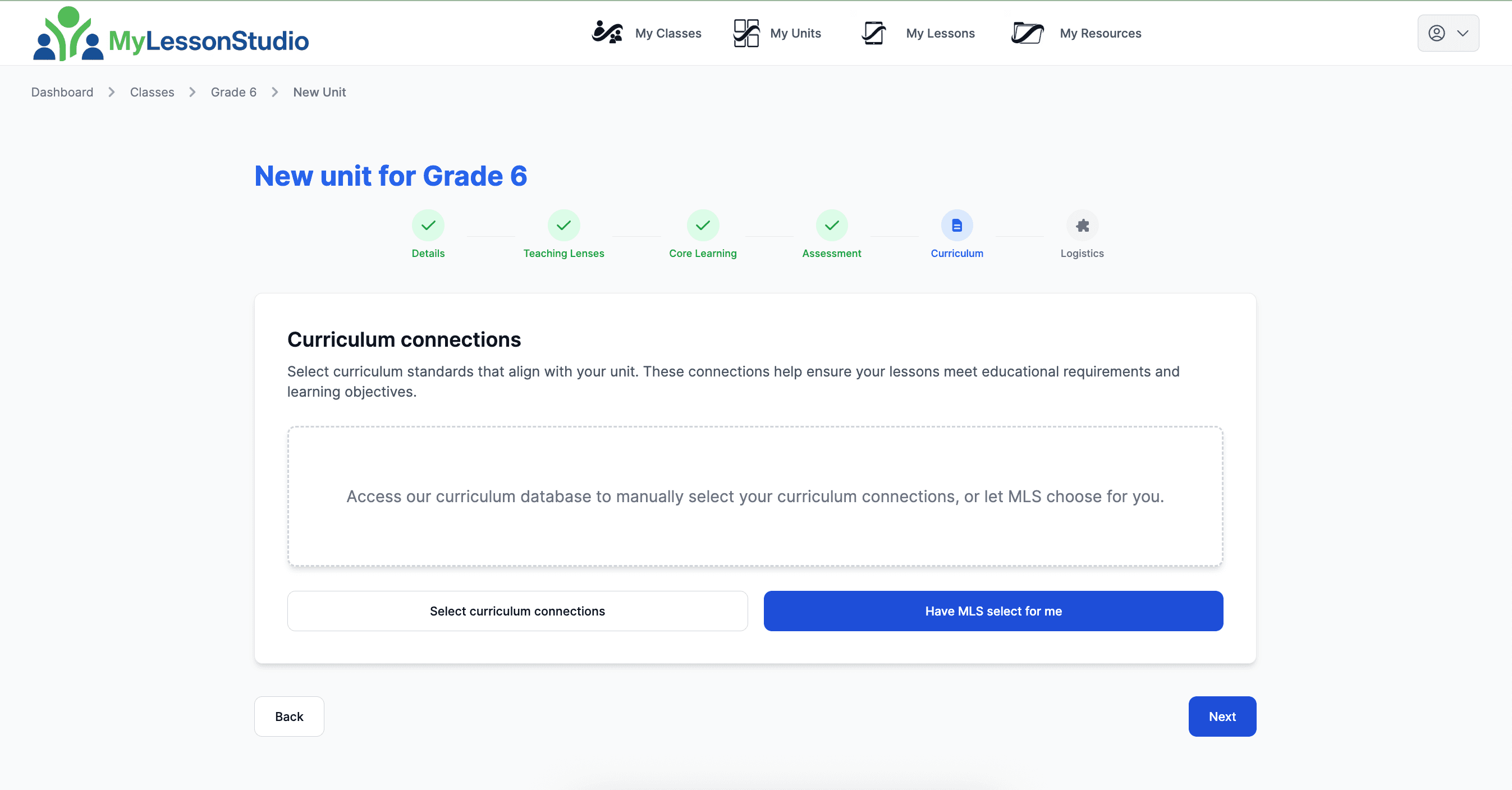 MyLessonStudio curriculum connections interface showing how the platform aligns lessons with curriculum standards