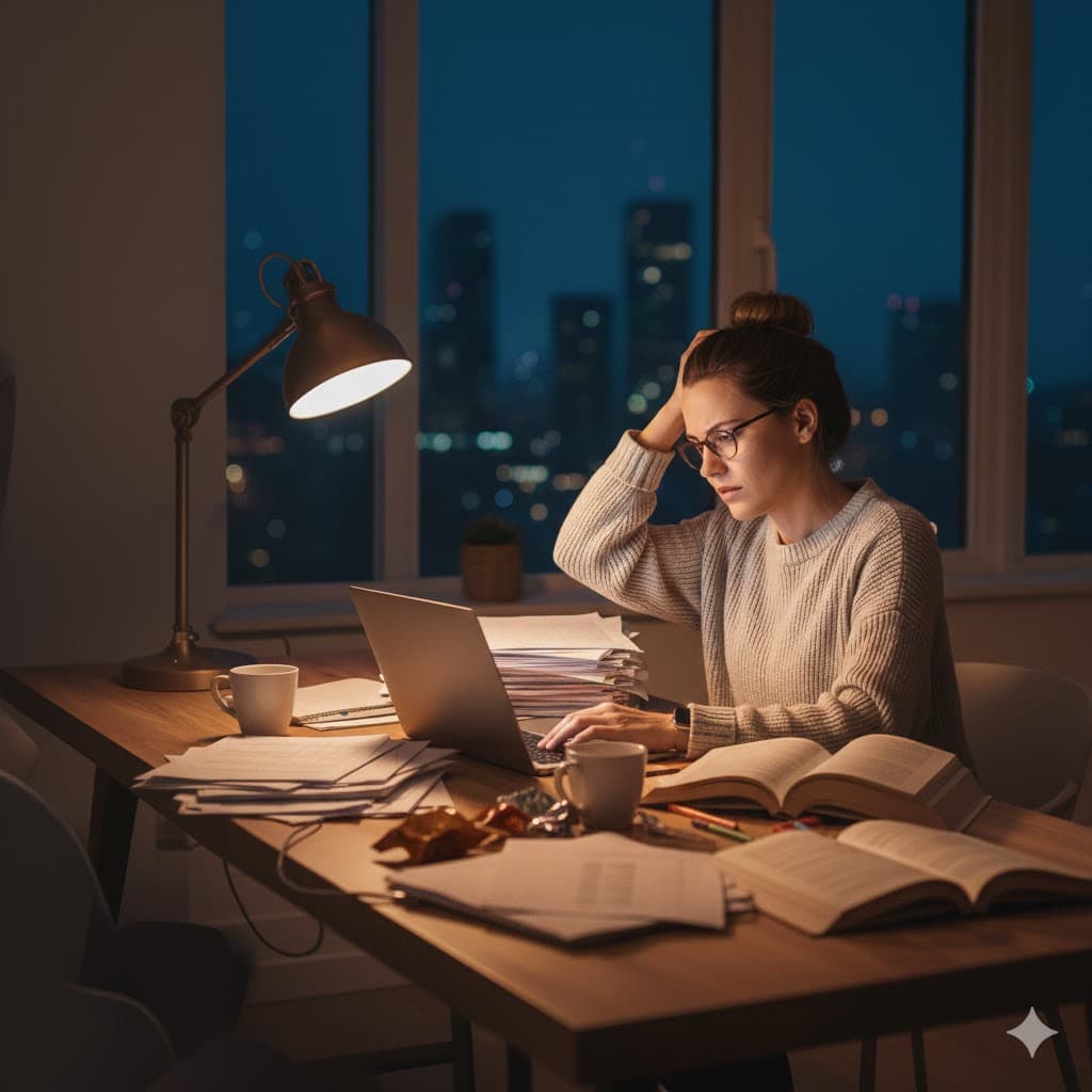 Teacher working late at night on lesson planning, looking stressed and tired
