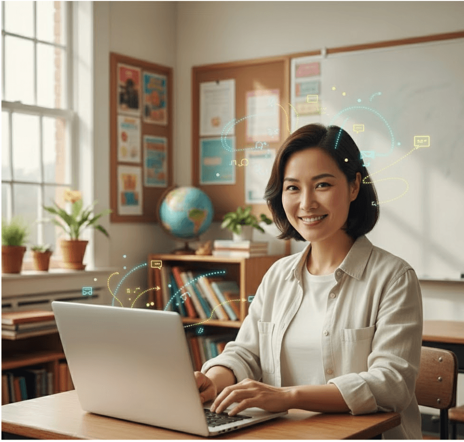 Happy teacher in a bright classroom using MyLessonStudio with AI assistance visualized as flowing elements around them